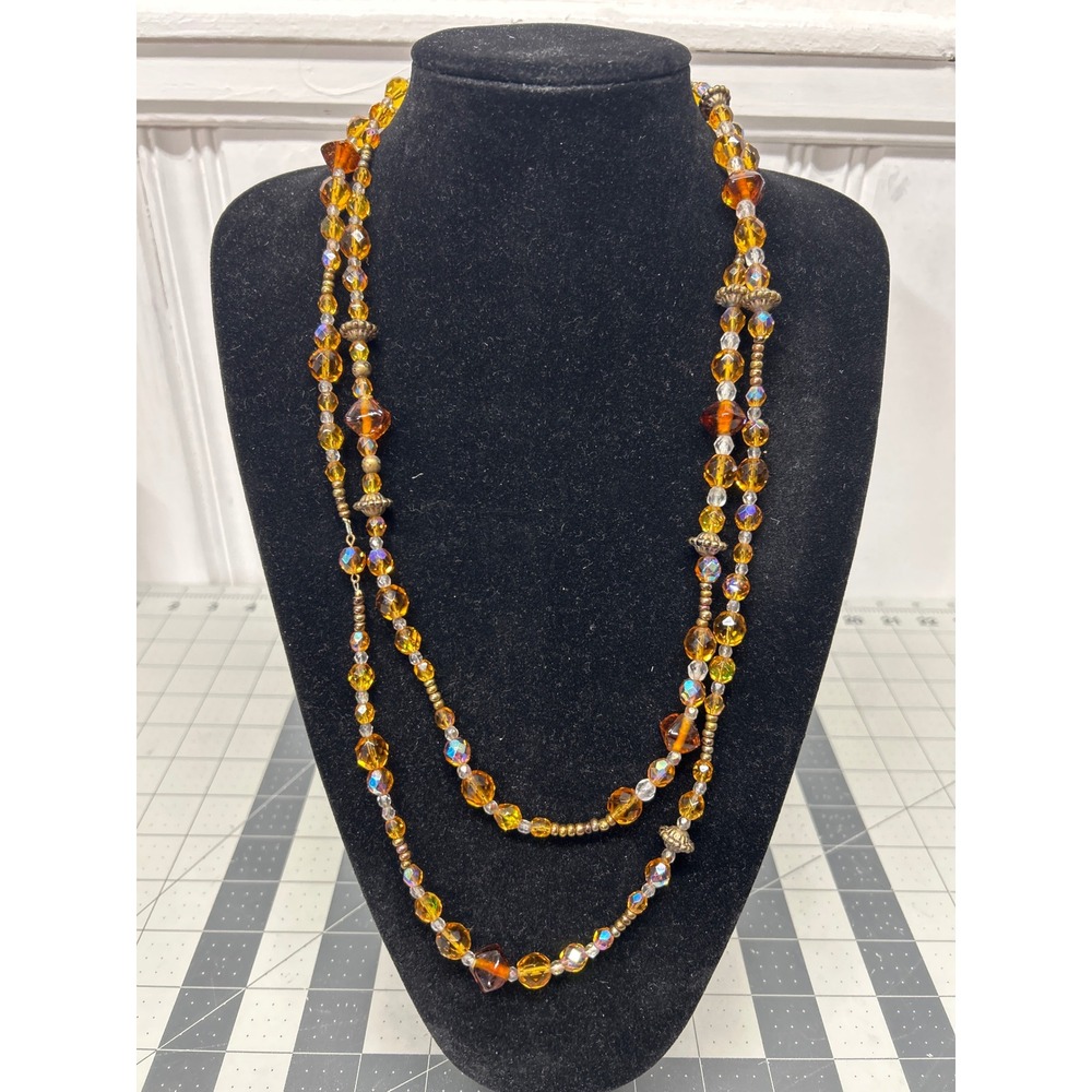 Beaded Necklace Amber Long Faceted Glass Layering Strand Boho Costume Jewelry